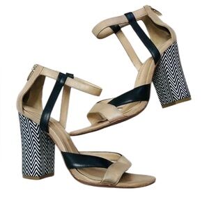 Carolinna Espinosa Women’s Tan Black Leather Ankle Strap Sandal Heels 7.5